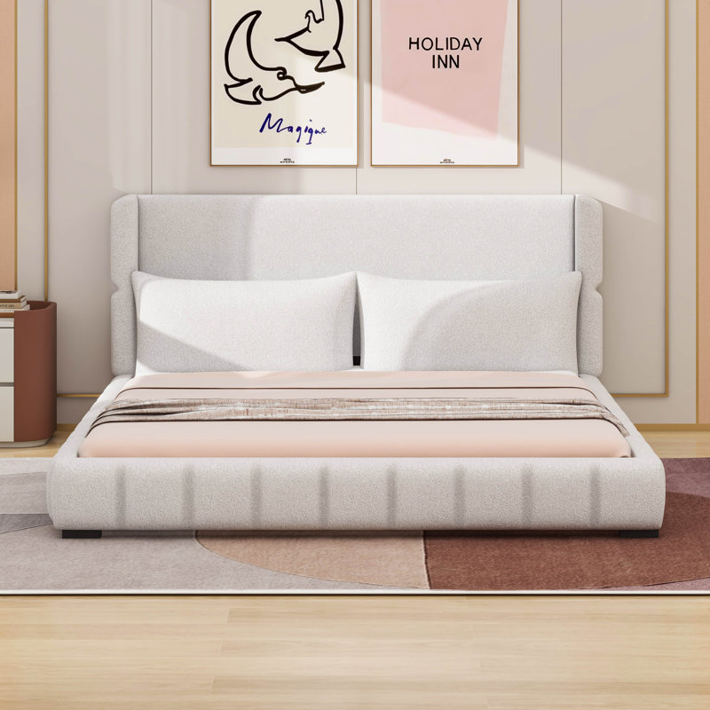 Lit plateforme tapissier avec 2 coussins, Blanc, Très grand lit