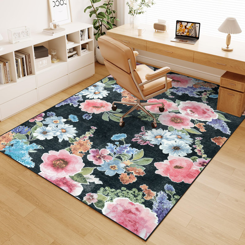 Large Flower Living Room Rug Washable Bedroom Rug Non-Slip Colorful Vintage Accent Floor Carpet For Home Decor