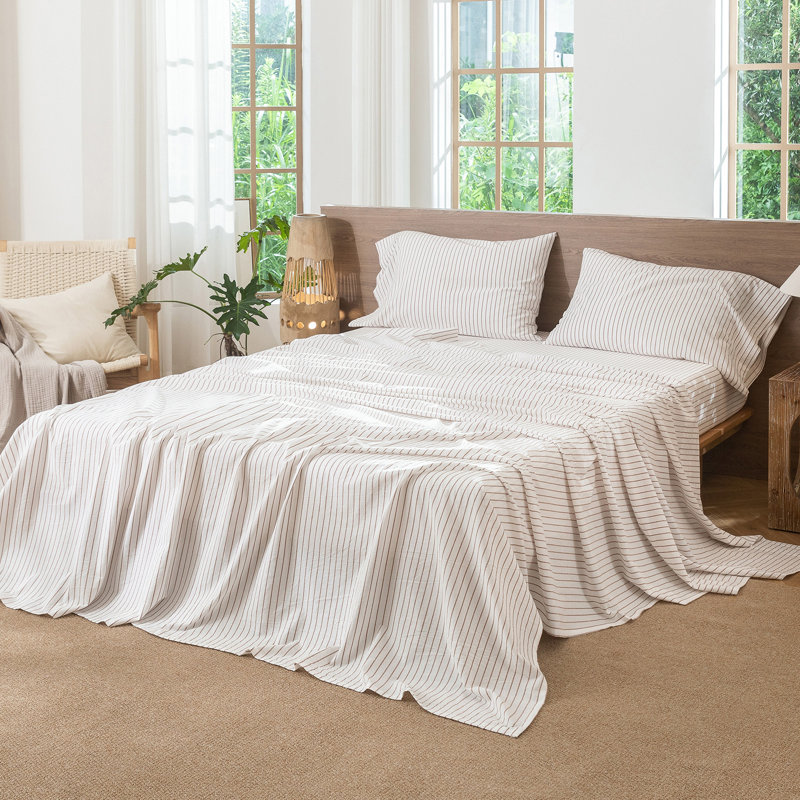 Moomee Striped Flat Sheet 100% Washed Cotton Linen Like Textured Breathable Lightweight, King Flat Sheet