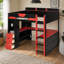 Lit mezzanine en bois pleine grandeur avec bureau en forme de U, lumières à DEL intelligentes et ports USB-132515809-132515810
