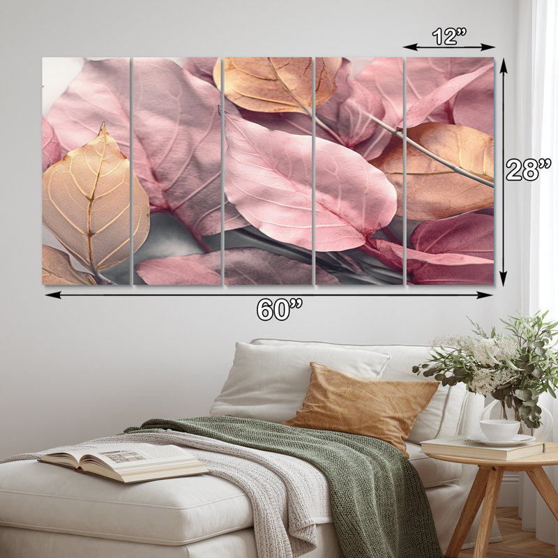 Ensemble de salon art mural en métal doré rose et feuilles Harmony II
