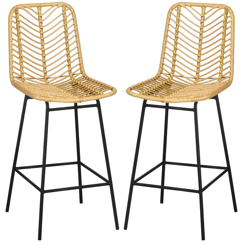Dashel Rattan Bar Stools Set Of 2, 26" Counter Height Barstools, Boho Kitchen Island Stools With Breathable Wicker Seat And Back