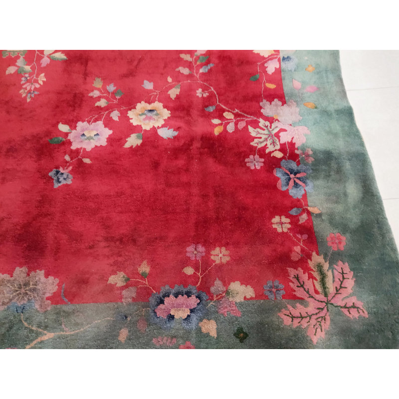 1920s Antique Room Size Chinese - Art Deco Rectangle Wool Knotted Coral Rug