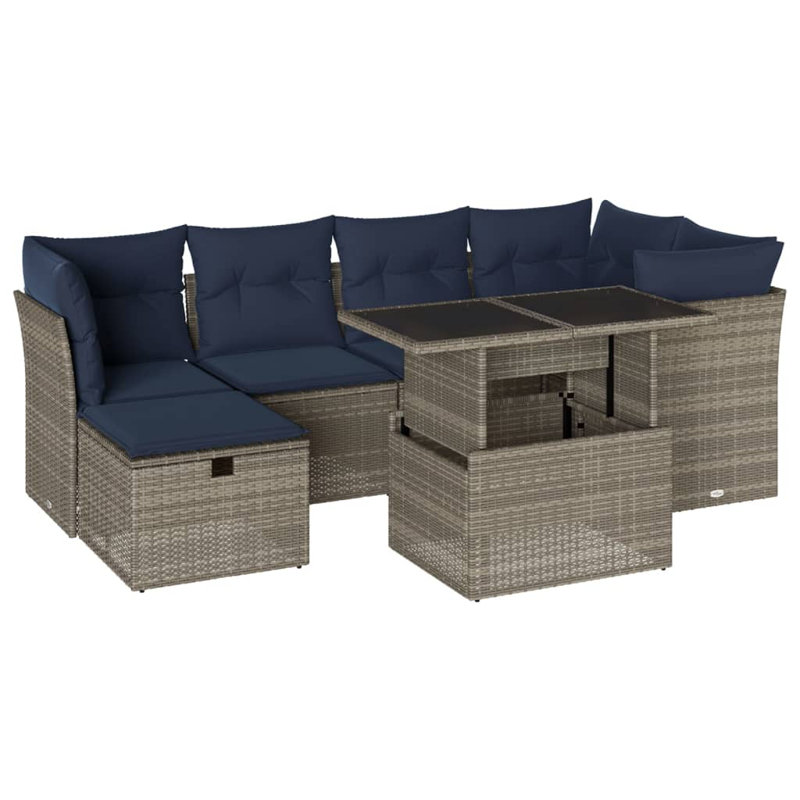 Ensemble de 7 canapés de jardin avec coussins en rotin gris pour l'extérieur, Coussin bleu marine / structure grise