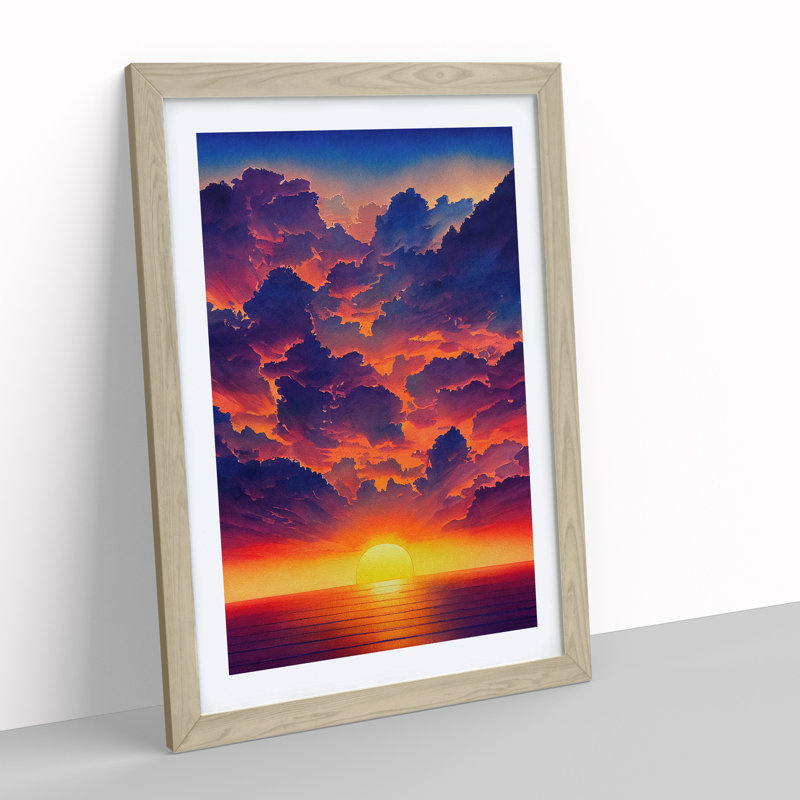 Delightful Ocean Sunset - Single Picture Frame Print, 64cm H x 46cm W x 2cm D, Oak