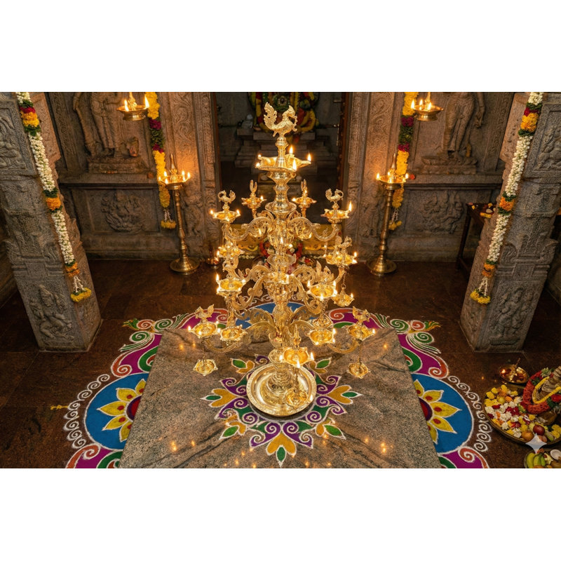 55" Tall Resplendent Annam Lamp – Hand-Etched Brass Diya with Branching Vines, Temple-Style Multiwick, Statement Decor