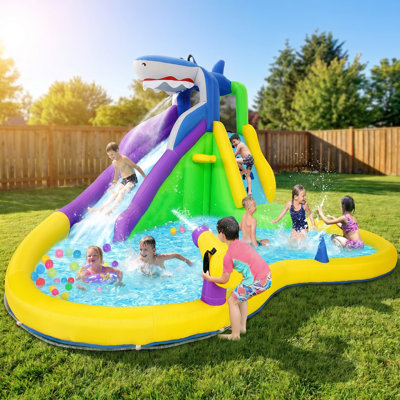 Adam 14.3' x 14.1' Shark Bounce House Water Slide, Inflatable Water Slide for Kids Backyard 3-10, Blow Up Water Slides with Splash Pool, Water Bounce House & Water Inflatables for Family Party