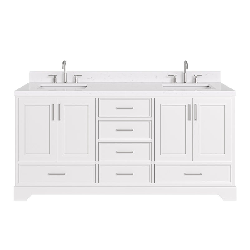 Ensemble de meuble-lavabo double 72,25 po avec plateau en quartz Abshire, Blanc