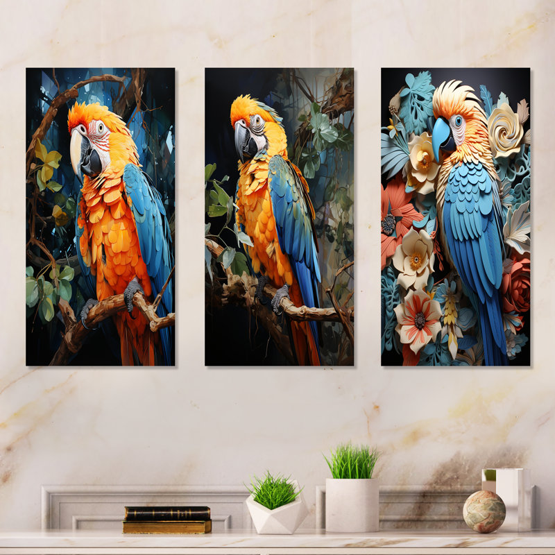 Jaune et bleu paradis perroquet - ensemble de 3 impressions sur toile perroquet, H 28 po x l 36 po, Toile tendue