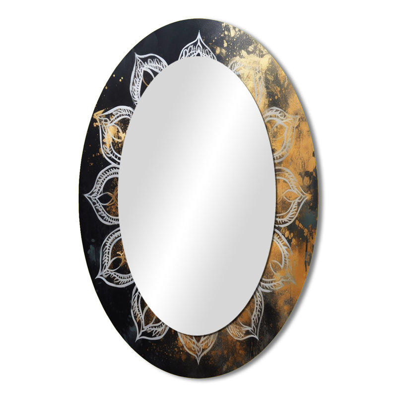 Blanc et or Mandala III - grand miroir mural ovale sur métal, 36 po x 24 po