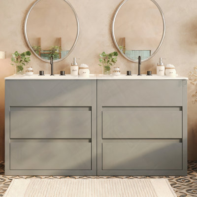 Double Sinks Bathroom Vanity Set with Full Extension Drawers and Ceramic Sinks