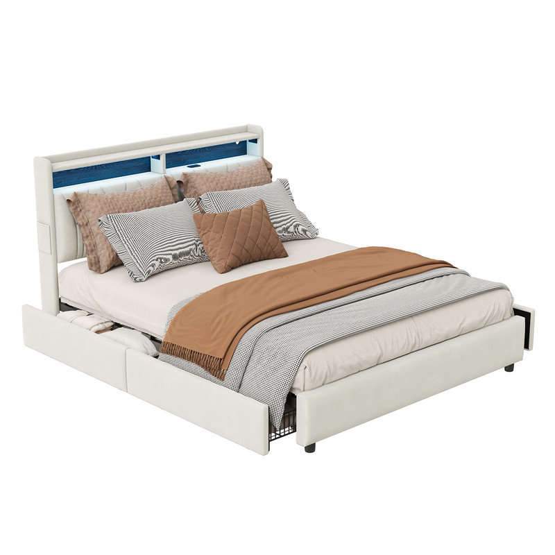 Platform Bed with LED Lights & Headboard Storage, Underbed Storage Drawers, USB-A/C Charging, EuropeanDouble (140 x 200 cm)