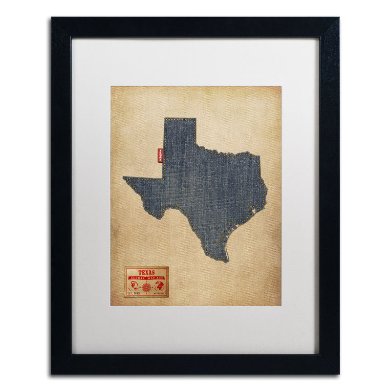 « texas map denim jeans style » par michael tompsett, impression encadrée, H 20 po x l 16 po, Blanc