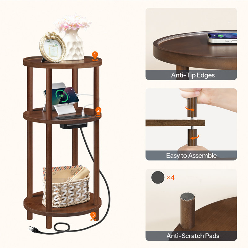 Small Round Side Table with Charging Station, 3-Tier Round Bamboo End Table, Mocha