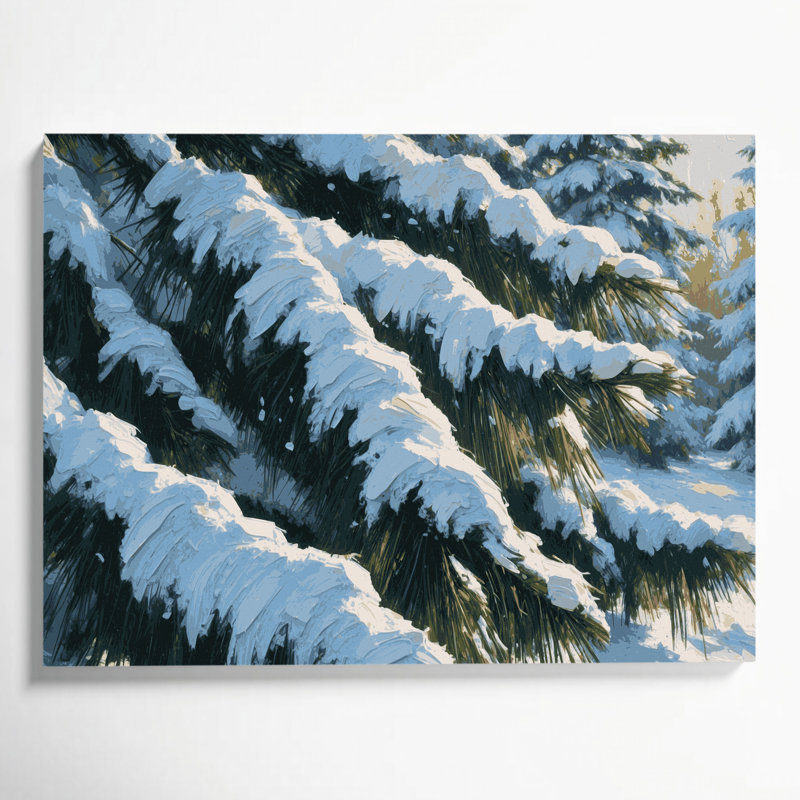 Toile bleue de Noël, neige fraîche sur des branches de pin, 11" H x 14" W