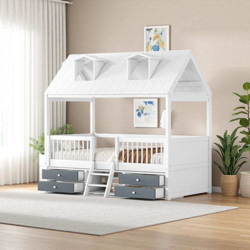 Structure de lit en bois, Blanc / Gris, Lit simple