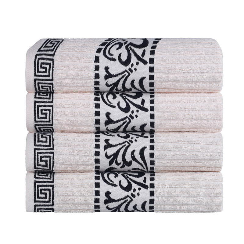 Mikira Athens Cotton Medium Weight Floral Border Greek Key Trim Bath Towel (Set of 4), Ivory/Black