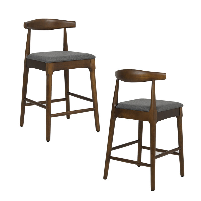 Ensemble de 2 tabourets de bar en bois massif avec repose-pieds, Siège gris foncé / structure en noyer