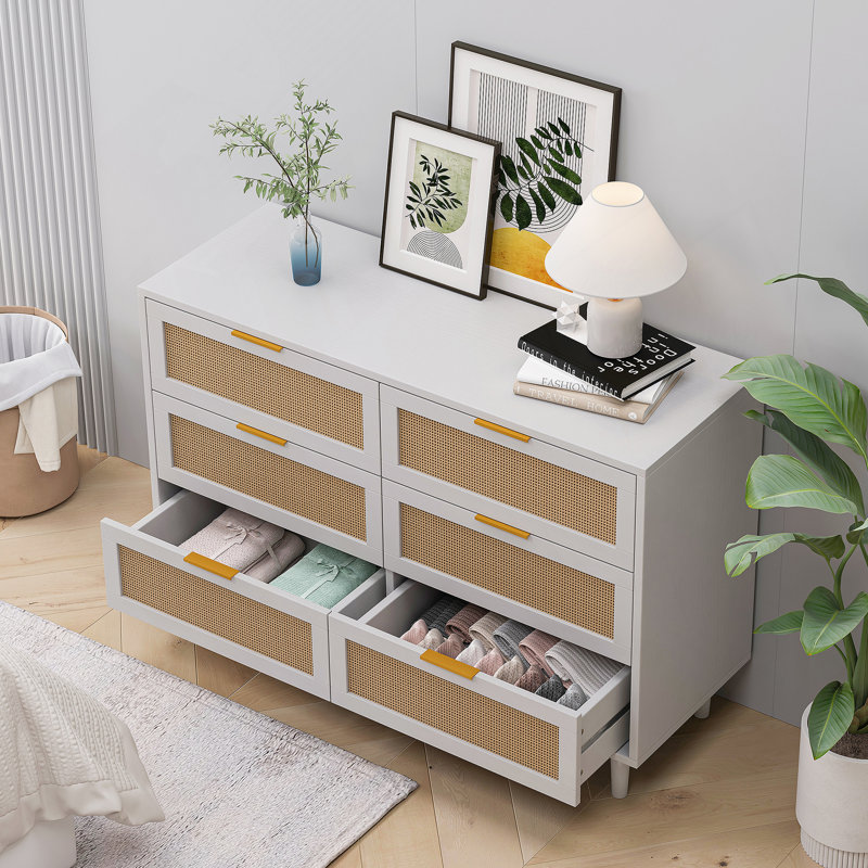 Multi purpose Rattan 6 Drawer Dresser,Modern Storage Cabinet with Wooden Legs, Natural, 29.53" H x  43.31" W x 15.75" D, Yes
