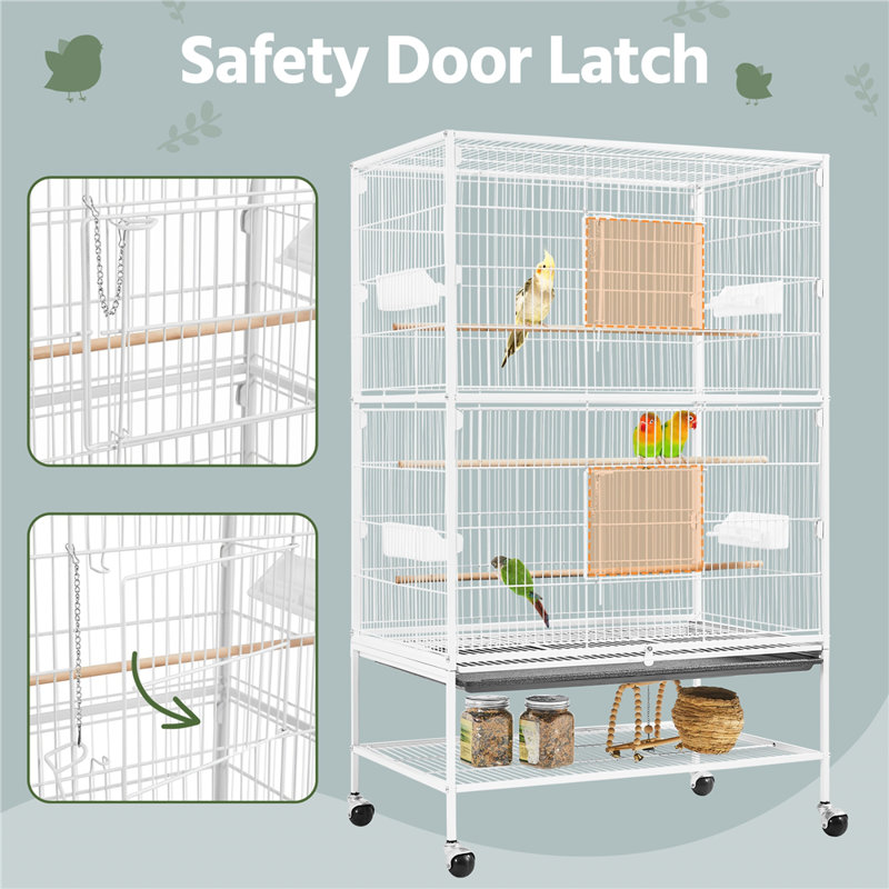 White 52'' Rolling Steel Bird Cage with Perches and Storage