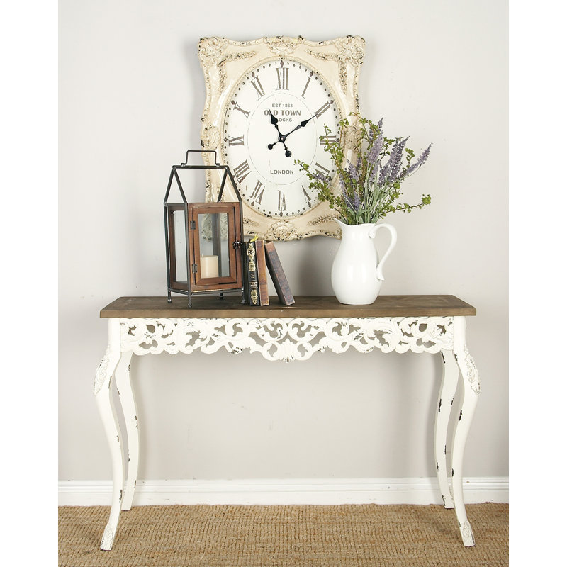 Console en bois à volutes blanches sculptées avec plateau en bois brun