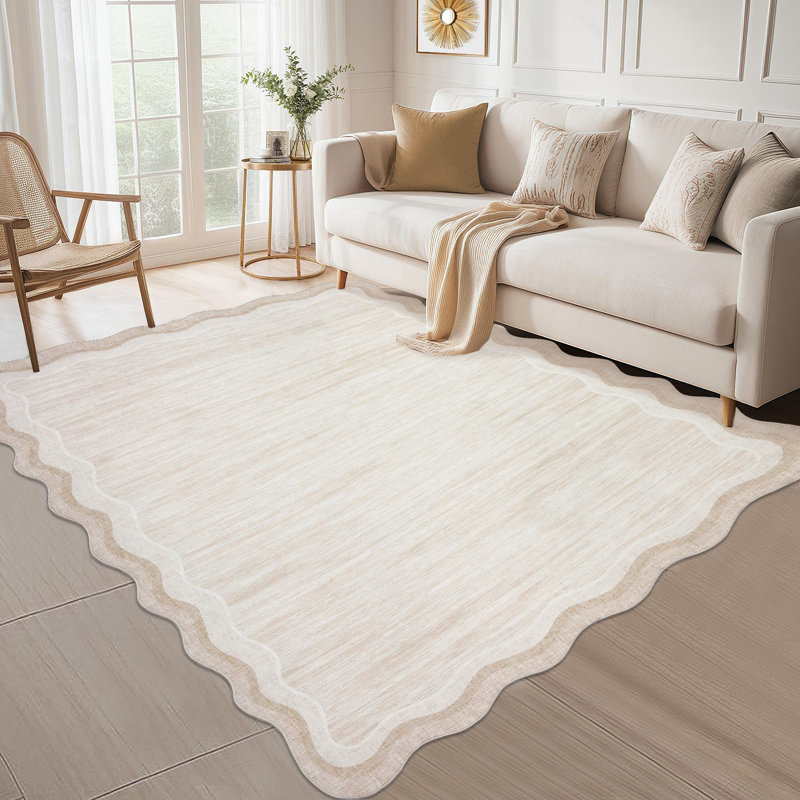 Tapis lavable à la machine avec bordure en caoutchouc pour le salon Tapis de salle à manger moderne antidérapant, Blanc cassé