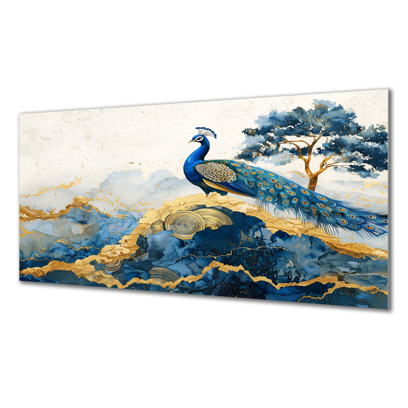 Aigue-marine dorée et agate paon, paysage III - paon, art en métal, H 28 po x l 60 po