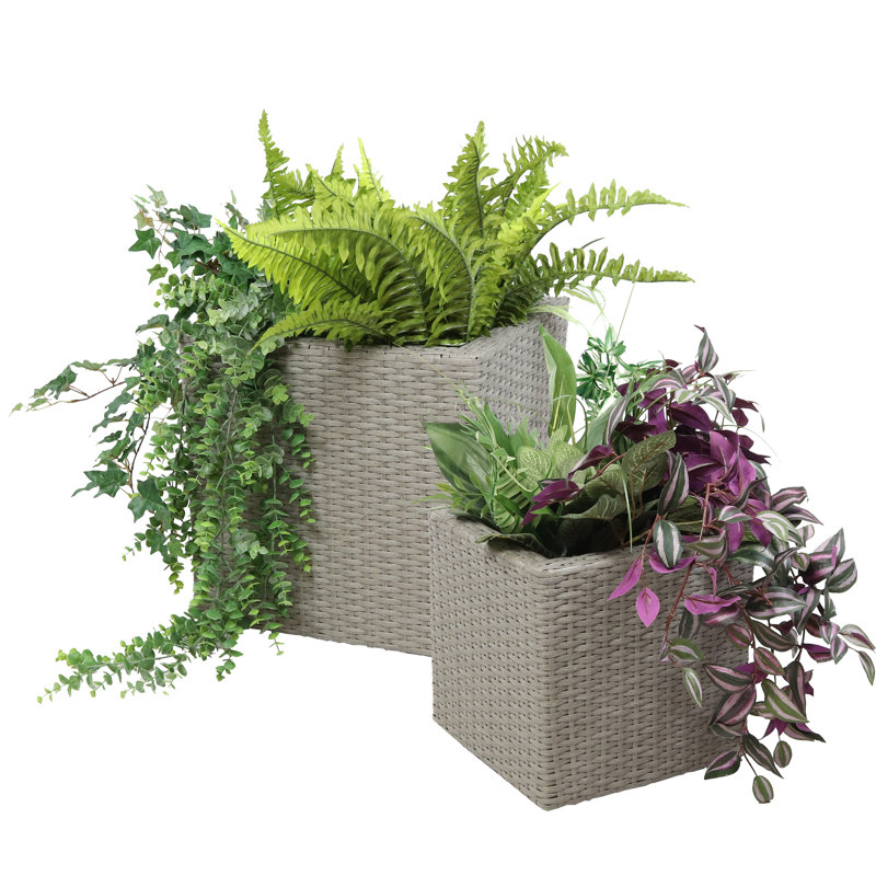 2-Piece Modern Assorted Square Gray Polyrattan Indoor Planter with Liner, Gray