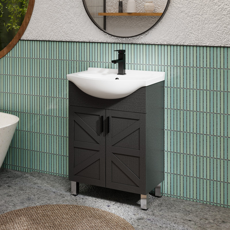 Meuble-lavabo simple autoportant 24 po avec évier en céramique épais, robinet et drain en laiton de 24 po, Black, 24"