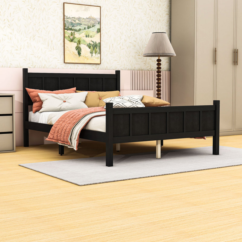 Lit plateforme en bois de style campagnard avec tête de lit, Lit double, Noir
