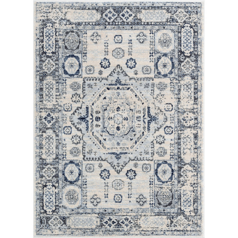 Ivory and Blue Medallion Synthetic 5' x 7' Area Rug