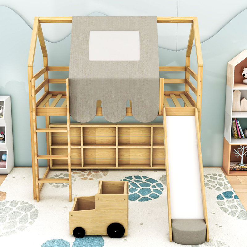 Lit mezzanine en bois avec tente, tablettes de rangement et glissade, Naturel / Beige, Simple