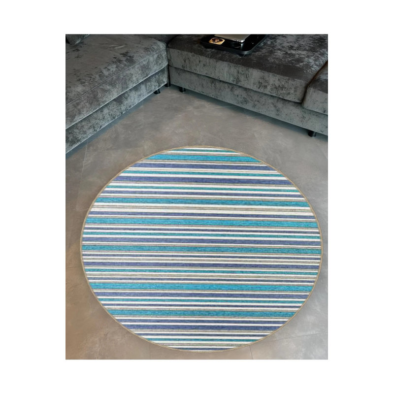 Blue Green Line Detailed Woven Base Modern Decorative Carpet, Round 3'4"