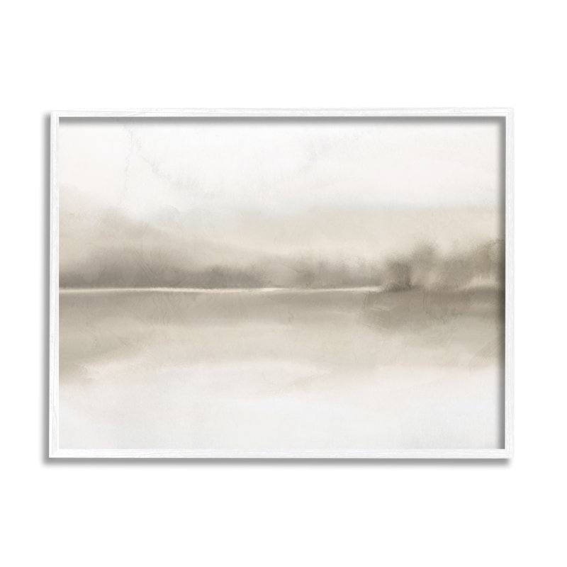 «Hazy Lakeside Landscape Reflection Modern Abstract Design», H 24 po x l 30 po, Giclée encadrée blanc bord de mer, Blanc