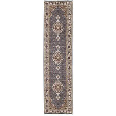 Hand-Knotted High-Quality Dark Blue and Cream Runner