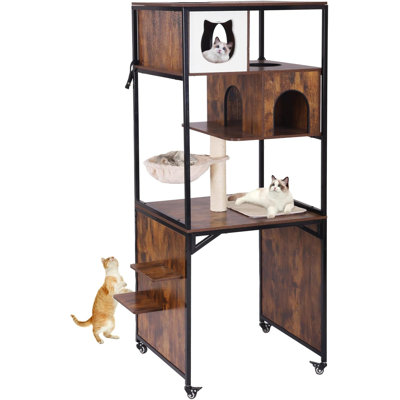 Wood Cat Condo Furniture with Litter Box Enclosure, 2-in-1 Modern Cat Tower