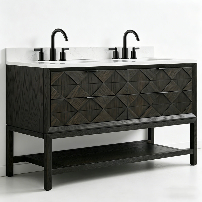 60"  Freestanding Double Sink Dark Solid Wood Brown Oak Bathroom Vanity with Engineered Marble Top, Dark Brown Oak