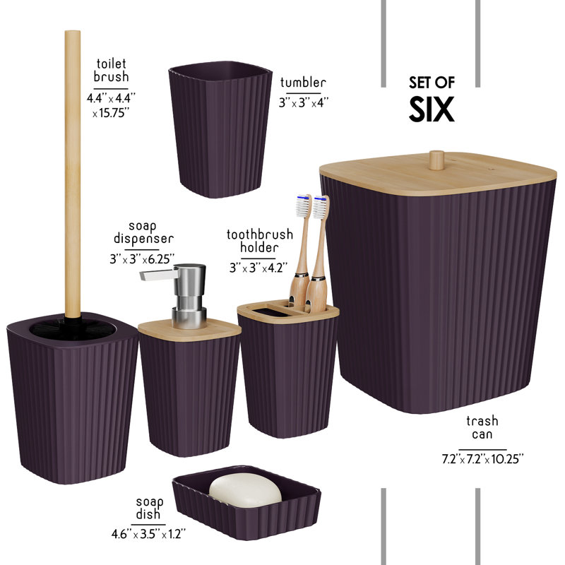 Ensemble complet d'accessoires de salle de bain 6 pièces avec accents en bambou, poubelle et brosse de toilette inclus