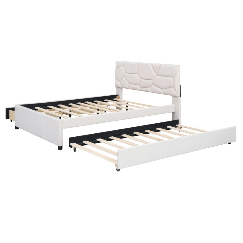 Stylish Upholstered Bed In Beige With Brick Headboard, Twin Trundle And 2 Drawers, Particle Board, No Box Spring Required Style & Practical Build