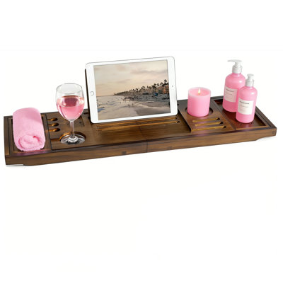 Teak Bathtub Tray With Adjustable Width, Walnut Bath Caddy With Wine Holder, Tablet/Phone & Book Stand - Splash-Proof For Relaxing Bath Time