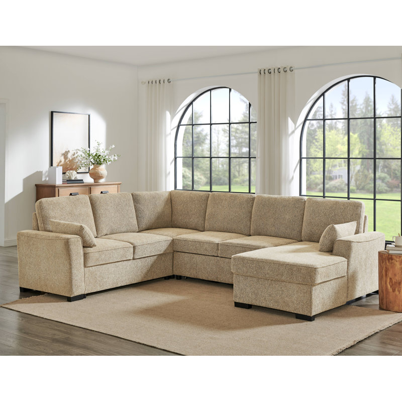 Canapé-lit modulaire en tissu (lit gigogne) avec méridienne de rangement CML, Camel Chenille