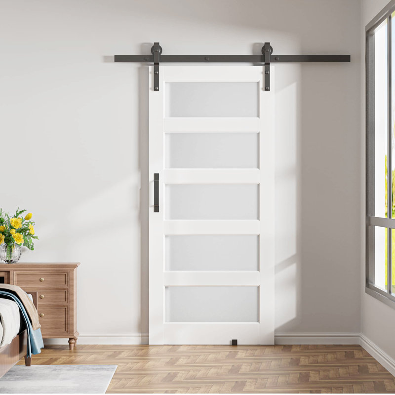 Porte de grange coulissante intérieure 30 po x 84 po en verre trempé givré H 5 po avec quincaillerie Surface en PVC résistant aux rayures