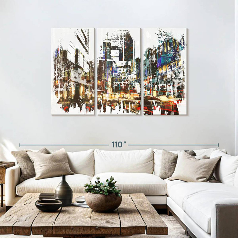Acrylique de paysage urbain abstrait Sireci, H 48 po x l 74 po