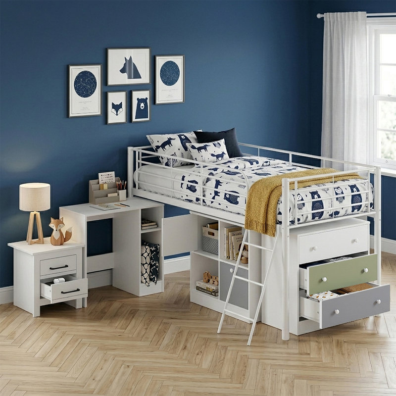 Leo Kids Metal Midsleeper Bed with Matching Bedside Table Bedroom Set