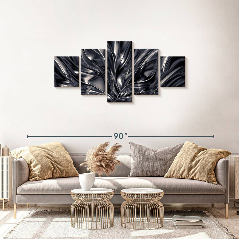 Abstrait noir et argent - Toile tendue 5 pièces, H 30 po x l 68 po x P 1,25 po