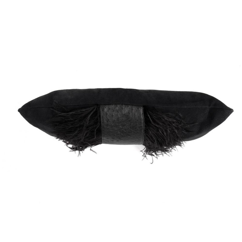 Feather Trim Suede Lumbar Pillow, Black