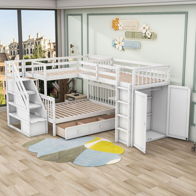 Ilina Twin over Full 3 Drawer L-Shaped Bunk Bed with Built-in-Desk by Harriet Bee, White