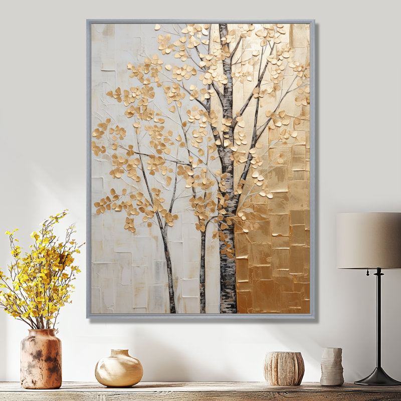 Minimalisme Golden Trees Harmony II - arbres, art mural, H 44 po x l 34 po x P 1,5 po, Encadrement argenté