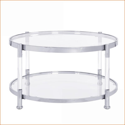 Table basse ronde contemporaine en verre trempé 32,3 po avec pieds en acrylique Détails chromés, facile à assembler pour les salons