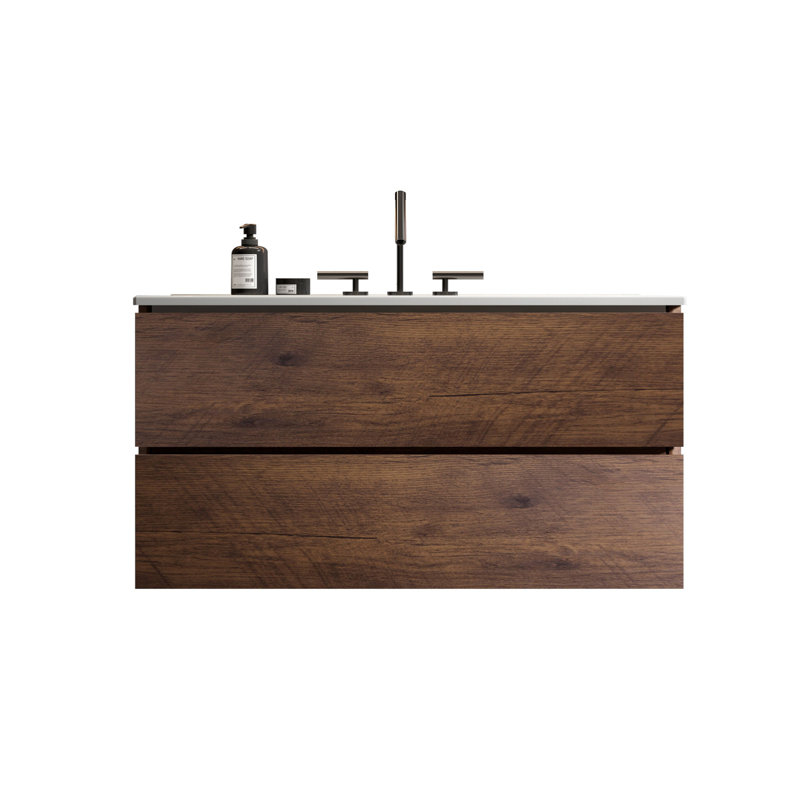 Meuble-lavabo mural 36 po - blanc + noyer, lavabo en céramique, tiroirs silencieux, grand espace de rangement blanc + meubles en noyer, meuble-lavabo, pièce généreuse, trois trous de robinet,